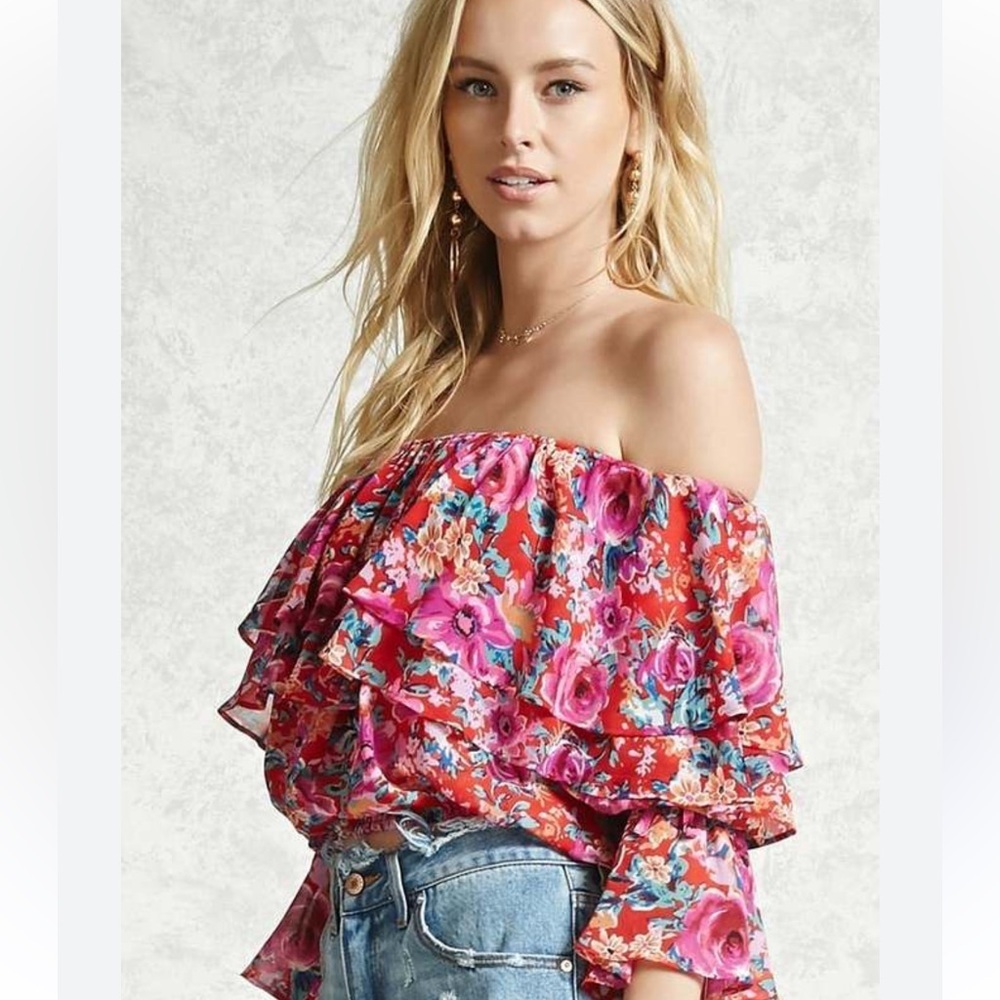 Forever 21 Off-Shoulder Floral Blouse - Pink and Red